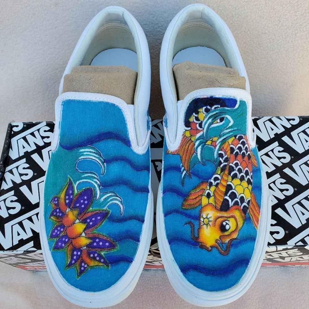 Hand Crafted Slip On Classic Vans with a Koi Fish and a Lotus Flower